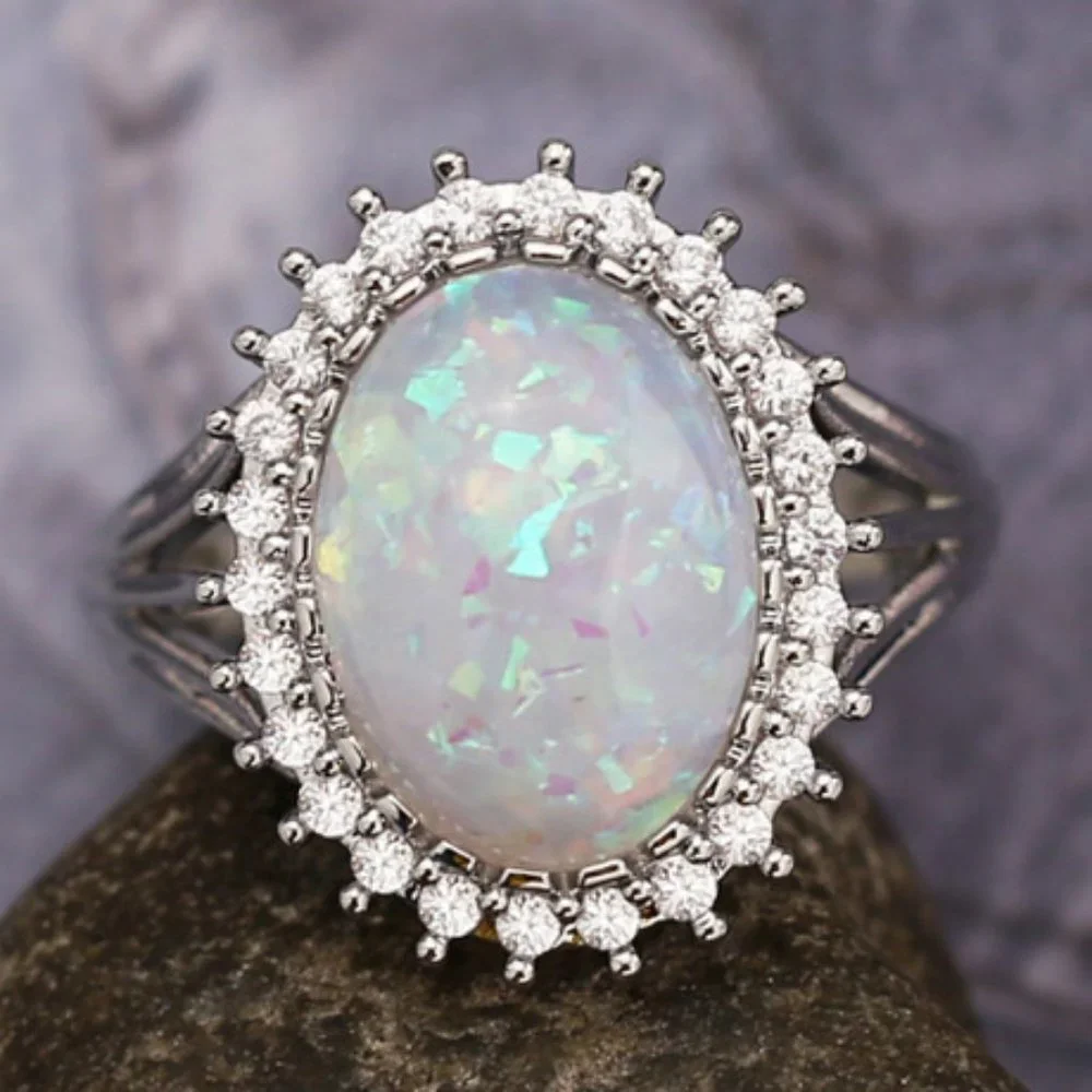 NEW Huge Opal Diamond Halo Silver Engagement Ring - Picture 3 of 7